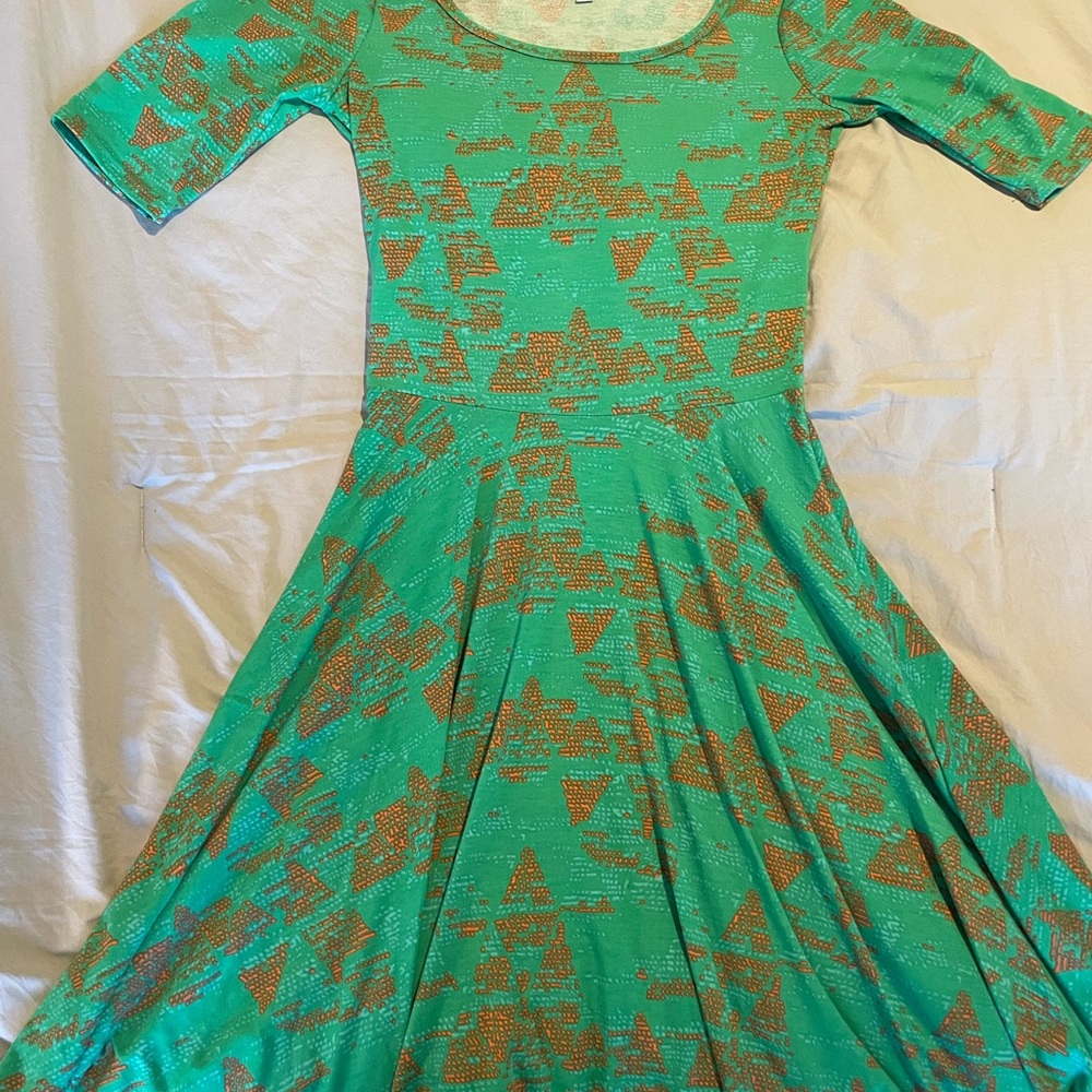 LuLaRoe Teal and Rust Geometric Dress